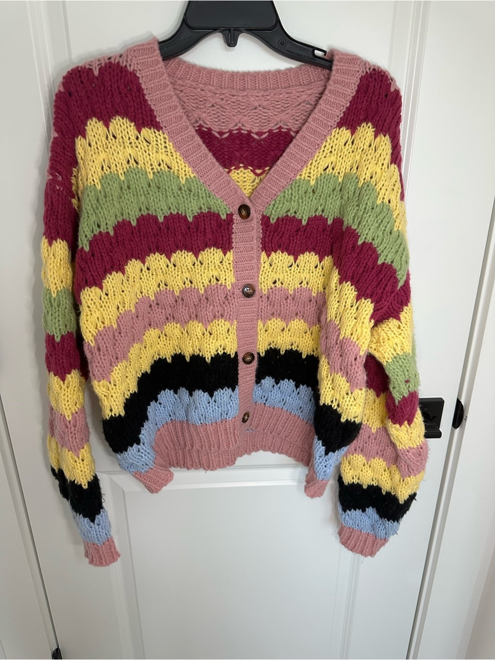 Scallop-Stripe Knit Cardigan Sweater in Pink and Multicolor